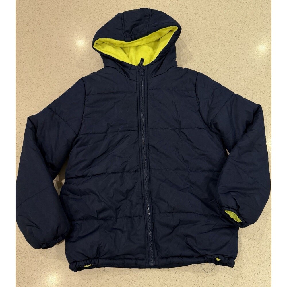 London Fog Kids Navy Blue Puffer Coat Jacket Hoodie Size M (10-12) Fleece Lining
